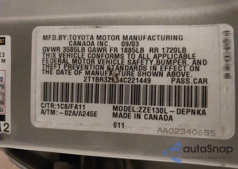 2004 Toyota Corolla Le из США, поврежденный, VIN 2T1BR32E34C221449